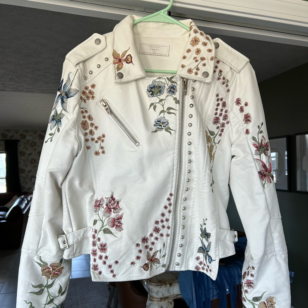 Blank NYC White Leather Jacket with Floral Embellishments